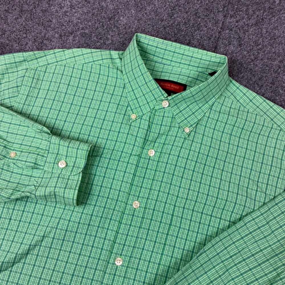 Vintage Austin Reed London Mens Size Large Green Plaid Cotton Button Down Shirt
